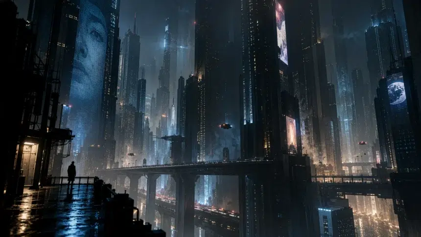 Silhouette of a person on a wet dock gazing over a neon-lit, futuristic city with towering skyscrapers and elevated highways at night.