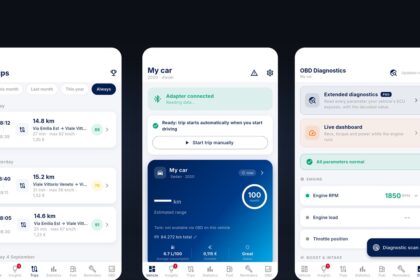 Three app panels showing a car dashboard UI: Trips, My car, and OBD Diagnostics screens with trip logs, status badges, and controls.
