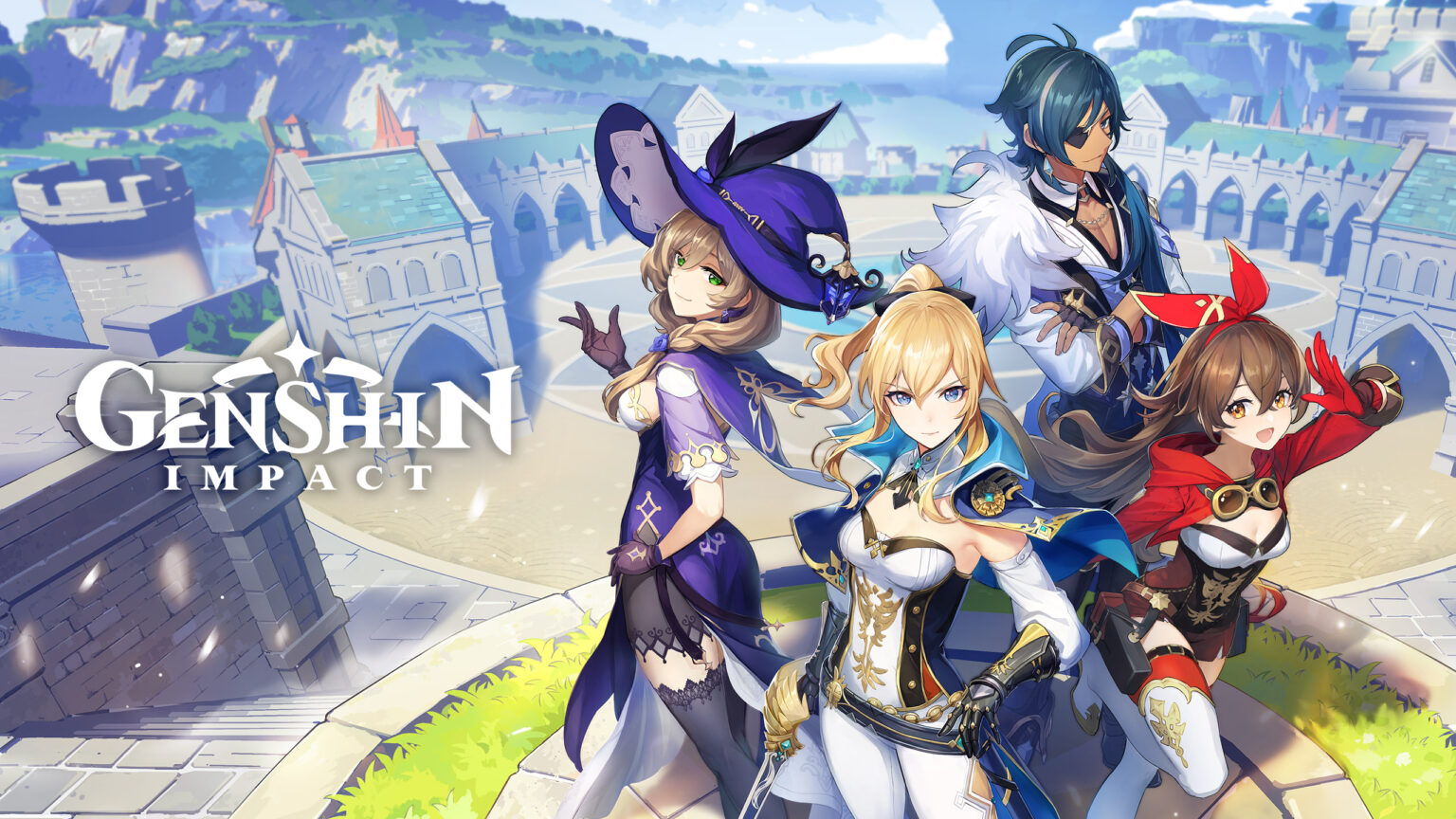 Promo banner for Genshin Impact showing four stylized characters in fantasy outfits posed in a bright, medieval-inspired cityscape.