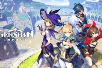 Promo banner for Genshin Impact showing four stylized characters in fantasy outfits posed in a bright, medieval-inspired cityscape.