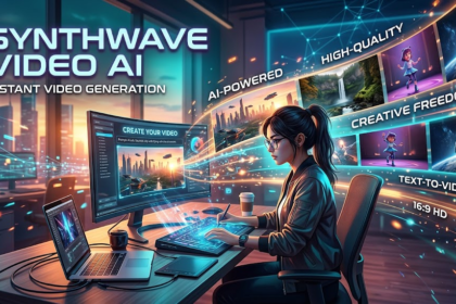 Futuristic designer at a desk creating AI-generated videos with holographic screens and feature banners like AI-powered and text-to-video.