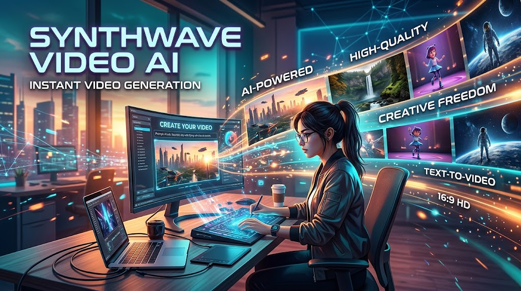 Futuristic designer at a desk creating AI-generated videos with holographic screens and feature banners like AI-powered and text-to-video.