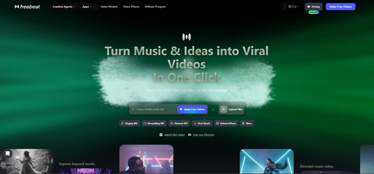 Hero banner for Freebeat with a dark green gradient, bold headline: 'Turn Music & Ideas into Viral Videos In One Click', and a centered call-to-action 'Make Free Videos' button.
