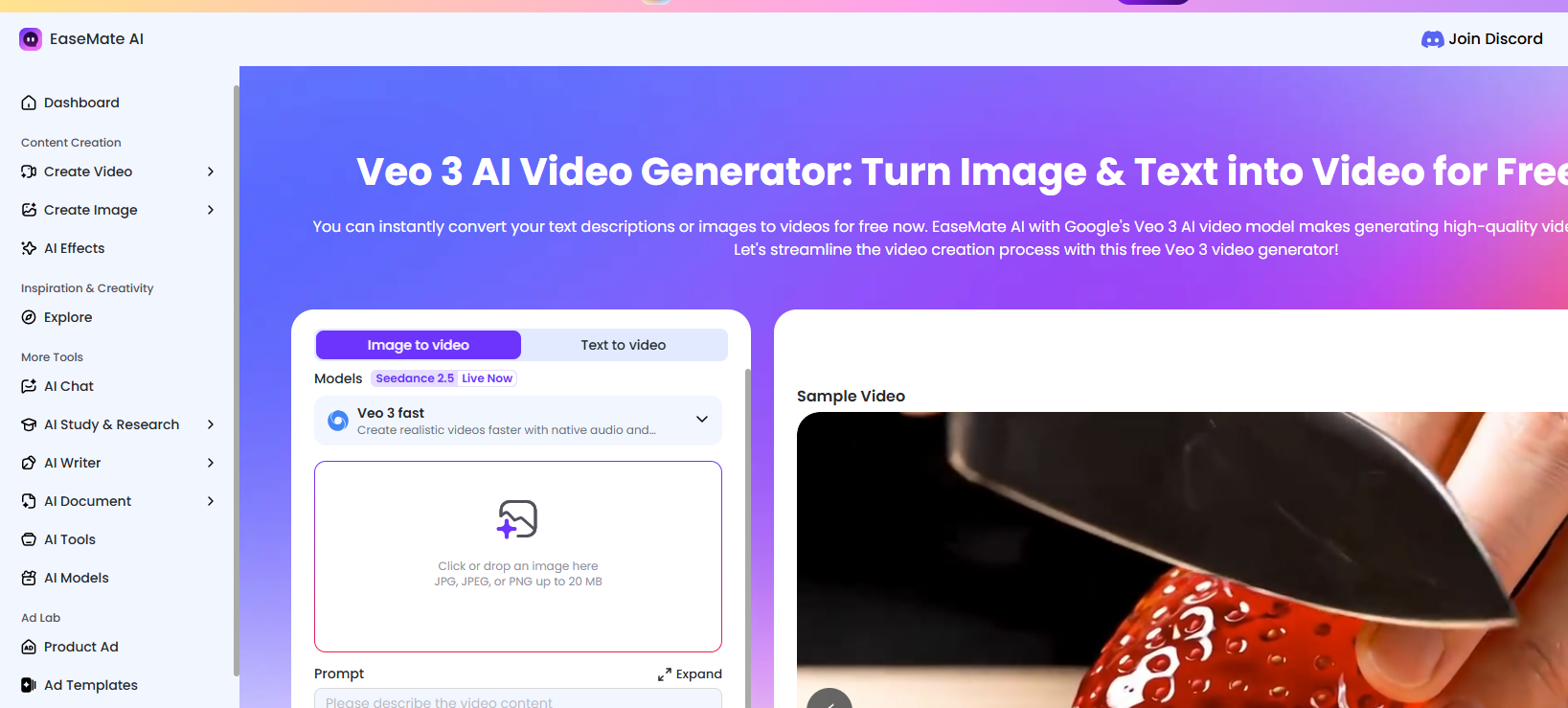 Dashboard UI of EaseMate AI showing a gradient hero, left navigation menu with icons, and a main panel featuring 'Veo 3 AI Video Generator: Turn Image & Text into Video for Free' with tabs 'Image to video' and 'Text to video' and a sample video preview on the right.