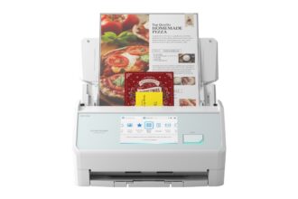 White office scanner with documents loaded; a pizza advertisement is visible on the scanned page .