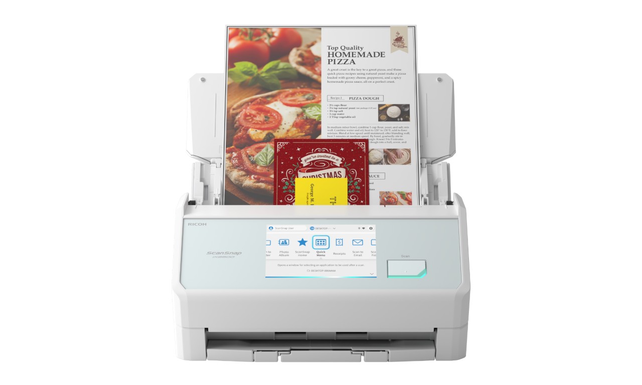 White office scanner with documents loaded; a pizza advertisement is visible on the scanned page .