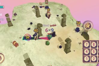 Battle scene in a mobile game: hero attacks enemies on a pastel-colored hill, damage numbers (40, 54, 16) pop up as combat happens.