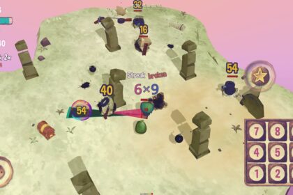 Battle scene in a mobile game: hero attacks enemies on a pastel-colored hill, damage numbers (40, 54, 16) pop up as combat happens.