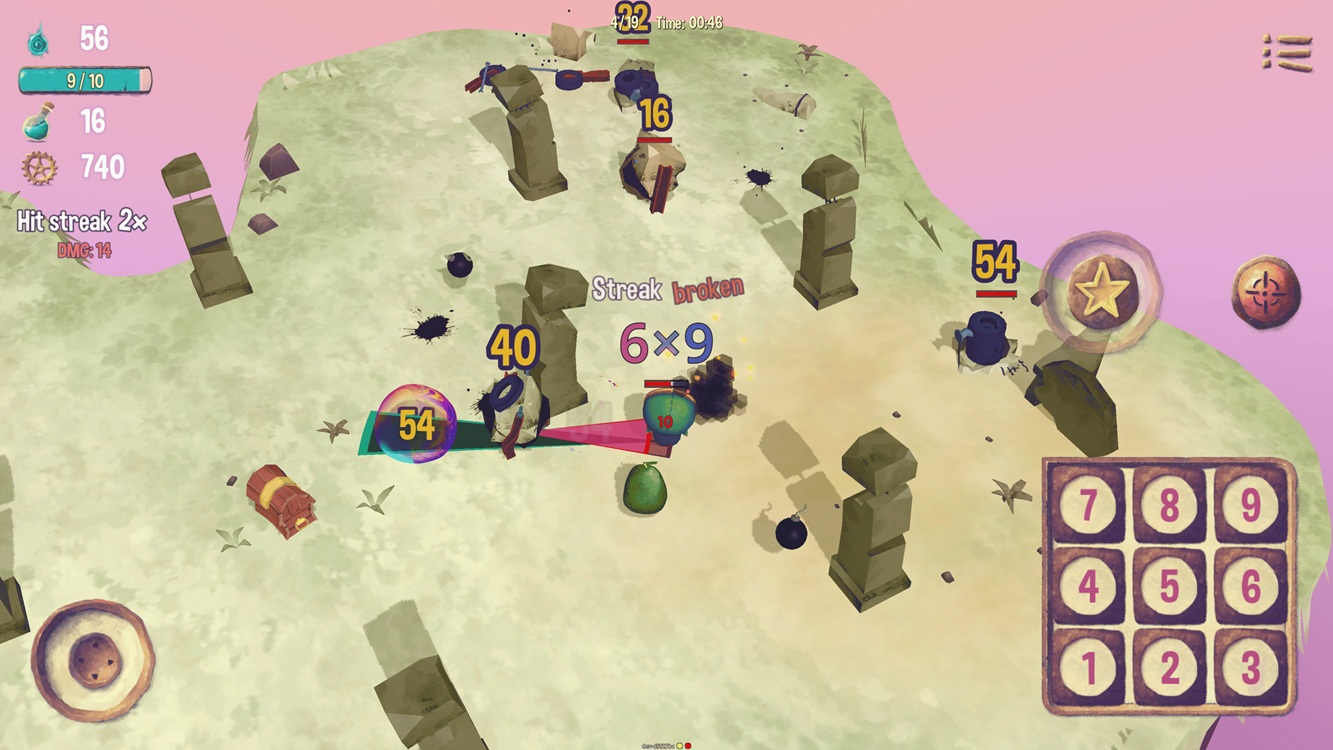 Battle scene in a mobile game: hero attacks enemies on a pastel-colored hill, damage numbers (40, 54, 16) pop up as combat happens.