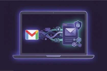 Neon illustration of a laptop displaying Gmail and secure email icons connected by holographic lines.