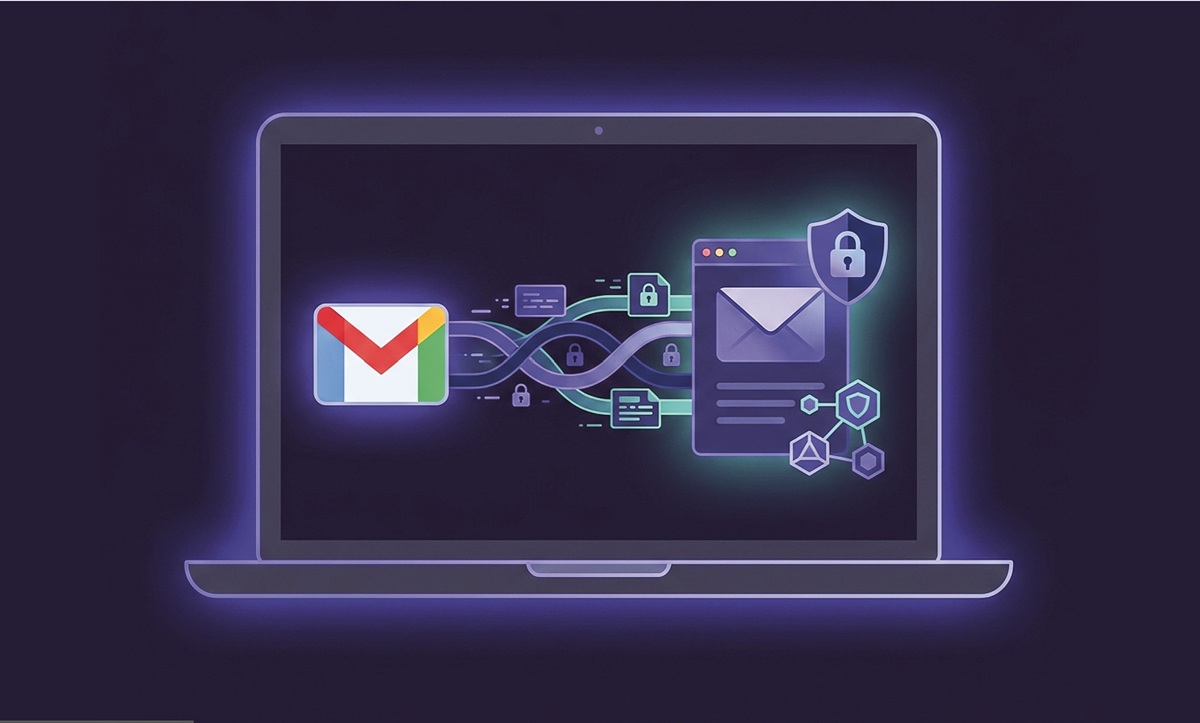 Neon illustration of a laptop displaying Gmail and secure email icons connected by holographic lines.