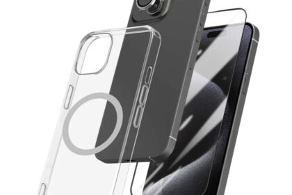 Clear protective case and screen protector for a smartphone, shown separated from the phone to illustrate fit and coverage.