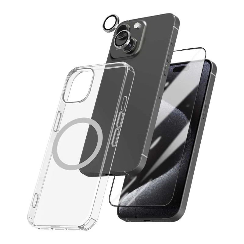 Clear protective case and screen protector for a smartphone, shown separated from the phone to illustrate fit and coverage.