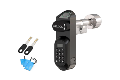 Smart door lock with keypad and lever-style handle; includes two key fobs and blue RFID tags as accessories.