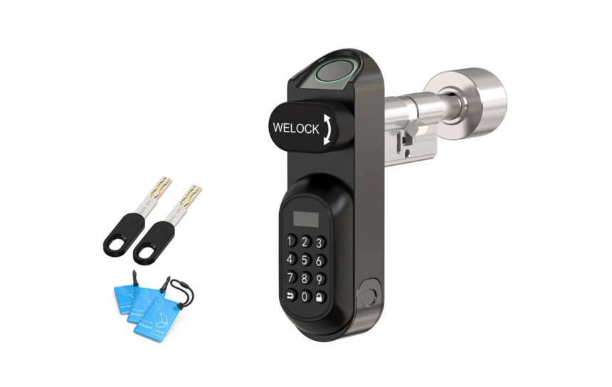Smart door lock with keypad and lever-style handle; includes two key fobs and blue RFID tags as accessories.