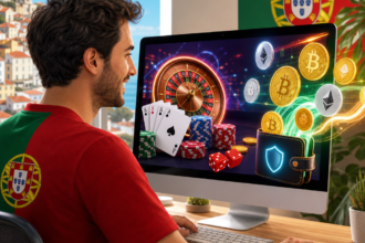 Young man wearing a Portugal flag jersey sits at a desk, playing online casino on a desktop monitor filled with roulette wheels, poker chips, and crypto coins like Bitcoin and Ethereum.
