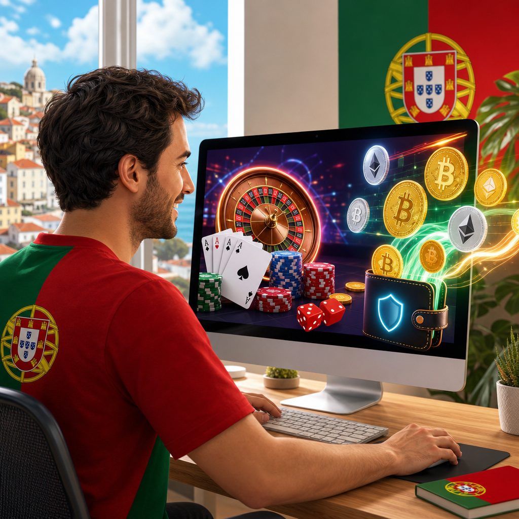 Young man wearing a Portugal flag jersey sits at a desk, playing online casino on a desktop monitor filled with roulette wheels, poker chips, and crypto coins like Bitcoin and Ethereum.