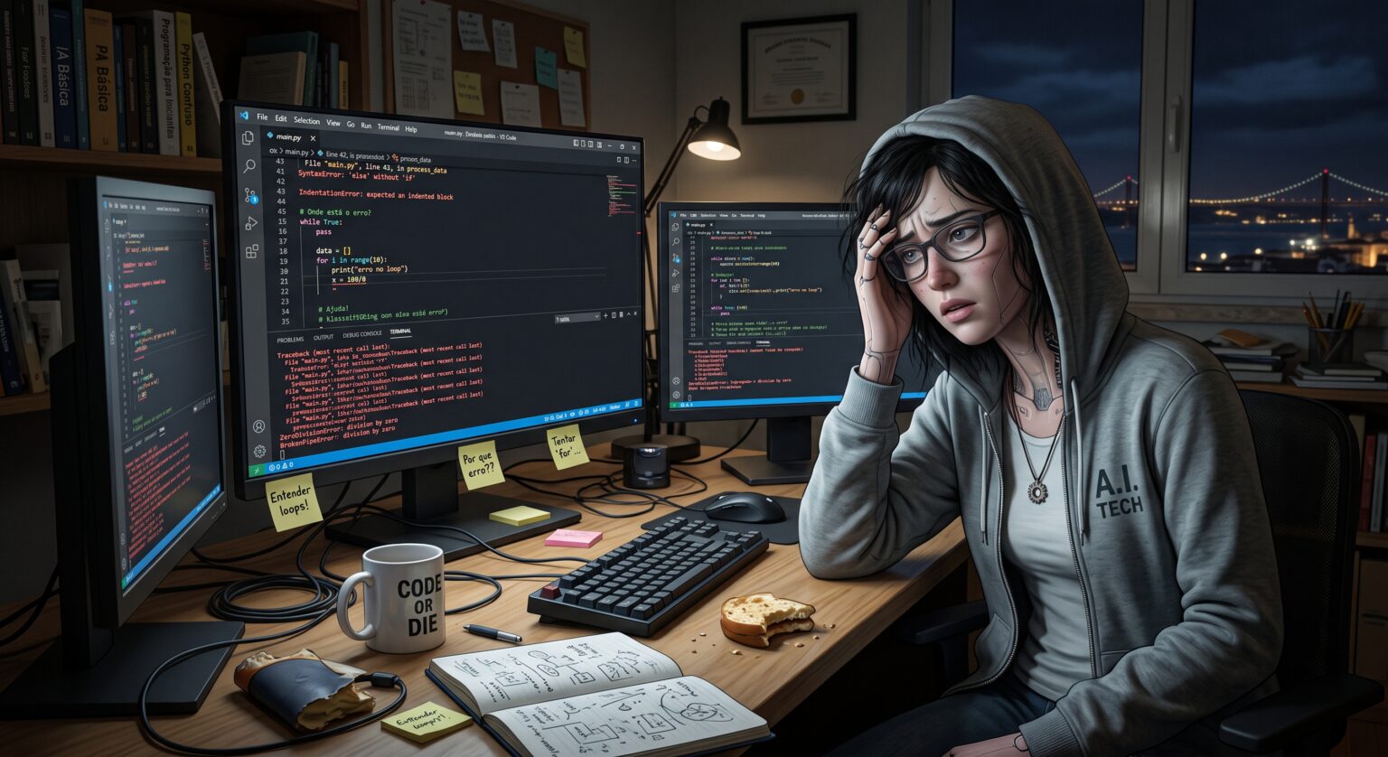 Coder in a gray hoodie sits at a cluttered desk with multiple monitors showing code, looking stressed at night.Outside city lights visible through the window.