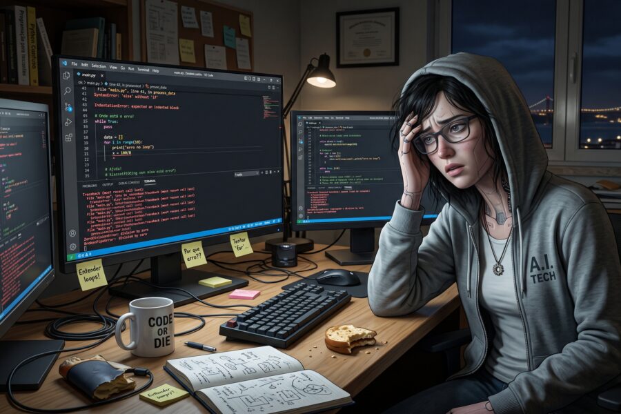 Coder in a gray hoodie sits at a cluttered desk with multiple monitors showing code, looking stressed at night.Outside city lights visible through the window.