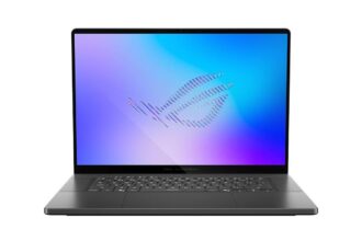 Open gaming laptop facing the viewer, displaying a blue-to-purple gradient wallpaper and a subtle ROG Zephyrus branding on the bezel.