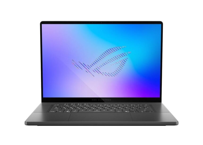 Open gaming laptop facing the viewer, displaying a blue-to-purple gradient wallpaper and a subtle ROG Zephyrus branding on the bezel.