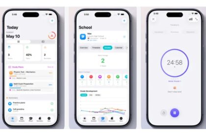 Three iPhone screens showing a school app: today's calendar with May 10, a grades/overview tab with progress, and a large countdown timer screen.