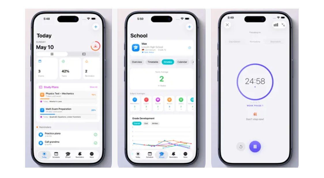 Three iPhone screens showing a school app: today's calendar with May 10, a grades/overview tab with progress, and a large countdown timer screen.