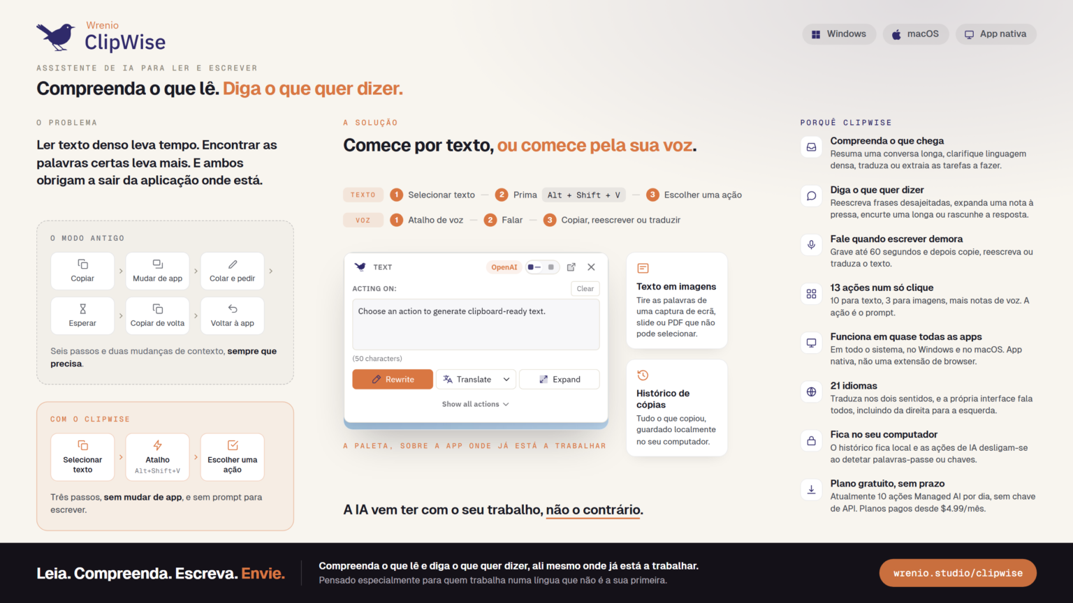 Hero do ClipWise com o logotipo de pássaro azul, título em português e informações sobre ler, falar e transformar texto em voz.