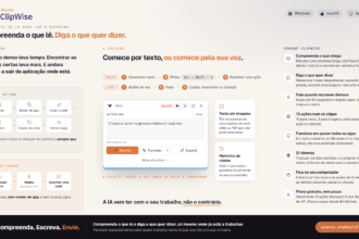 Hero do ClipWise com o logotipo de pássaro azul, título em português e informações sobre ler, falar e transformar texto em voz.