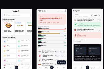 Triptych of a health app: left home with search and category cards, middle daily diary with a red limit alert, right compare panel with products and an 'Sem aditivos' badge.