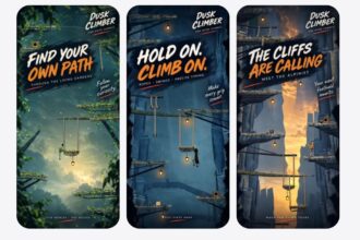 Dusk Climber poster: Find Your Own Path with rope platforms in a sunlit jungle canopy.