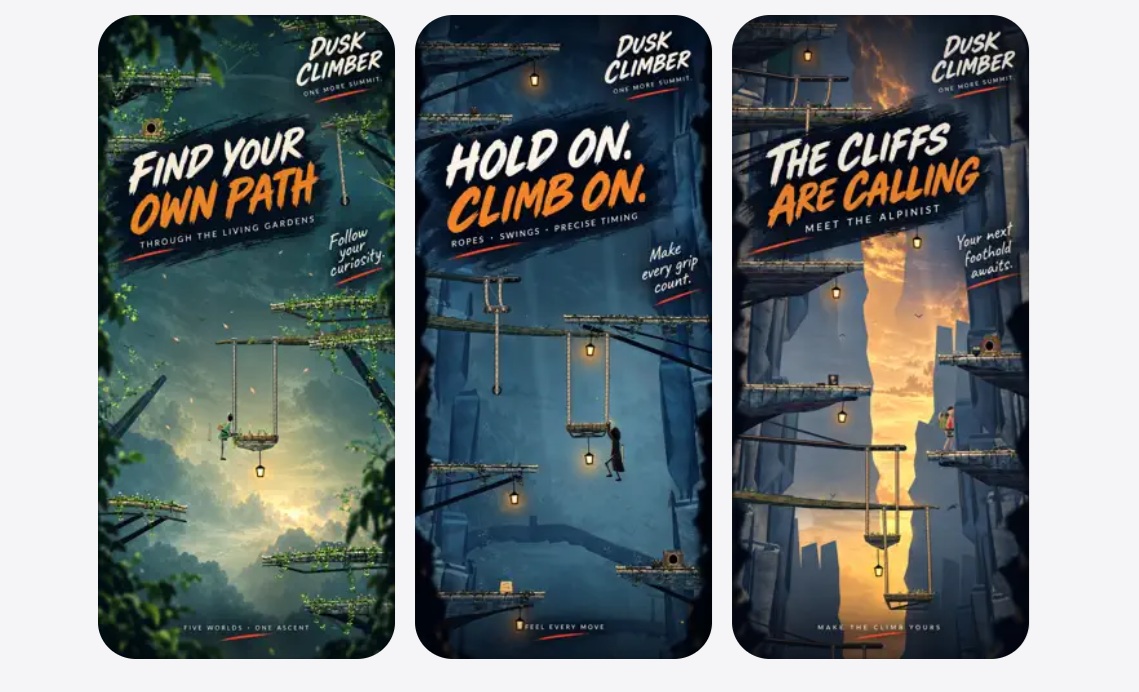 Dusk Climber poster: Find Your Own Path with rope platforms in a sunlit jungle canopy.
