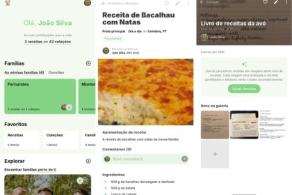 Three-panel collage of a Portuguese recipe app: left shows user profile 'Olá, João Silva' with recipe collections; center displays 'Receita de Bacalhau com Natas' with a large baked dish image; right shows 'Livro de receitas da avó' screen with an 'Extrair Receitas' button and notes.