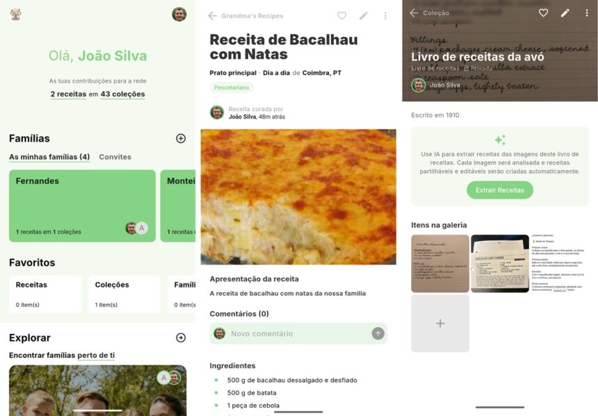 Three-panel collage of a Portuguese recipe app: left shows user profile 'Olá, João Silva' with recipe collections; center displays 'Receita de Bacalhau com Natas' with a large baked dish image; right shows 'Livro de receitas da avó' screen with an 'Extrair Receitas' button and notes.