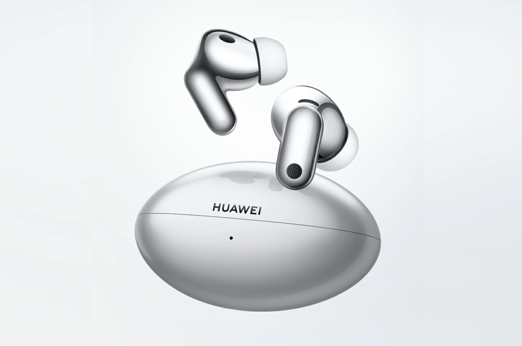 Huawei true wireless earbuds hovering above a rounded charging case with the Huawei logo visible on the lid.