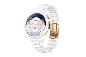 Huawei smartwatch with white and rose-gold band, round face featuring a celestial dial and starry background