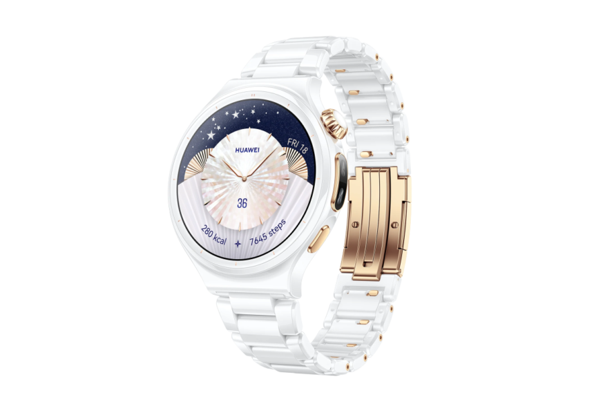 Huawei smartwatch with white and rose-gold band, round face featuring a celestial dial and starry background