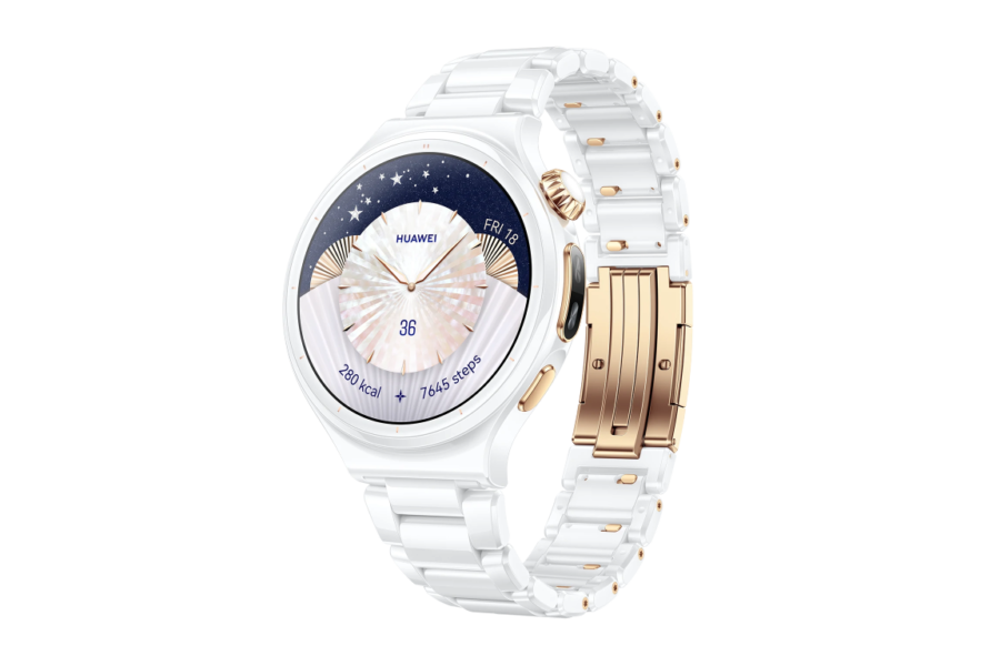 Huawei smartwatch with white and rose-gold band, round face featuring a celestial dial and starry background
