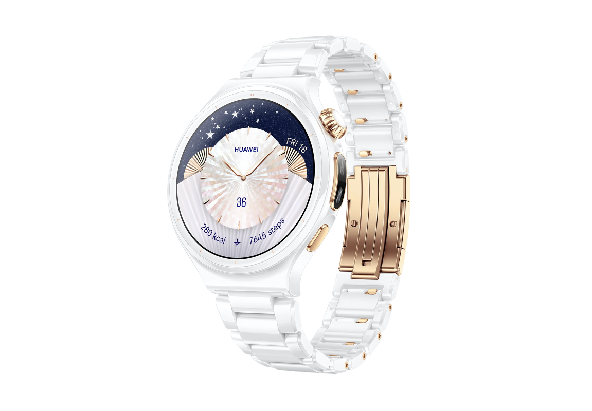 Huawei smartwatch with white and rose-gold band, round face featuring a celestial dial and starry background