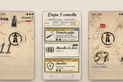 Triptych of beige mobile game screens showing stage progress: left screen with '11' and 'Sequência perfeita', middle with combo cards, right with '57' and score 142,543.