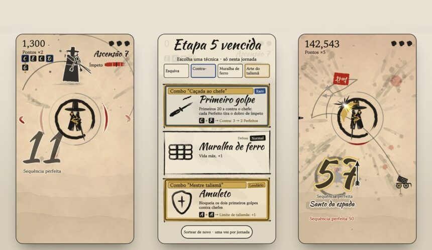 Triptych of beige mobile game screens showing stage progress: left screen with '11' and 'Sequência perfeita', middle with combo cards, right with '57' and score 142,543.