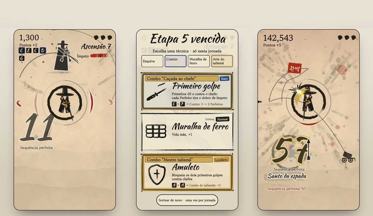 Triptych of beige mobile game screens showing stage progress: left screen with '11' and 'Sequência perfeita', middle with combo cards, right with '57' and score 142,543.