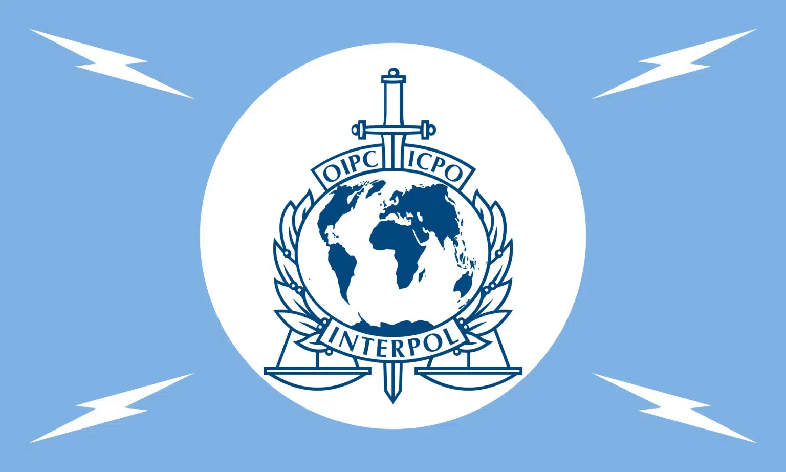 Interpol emblem featuring globe, sword, and scales on a white circle against a blue background.