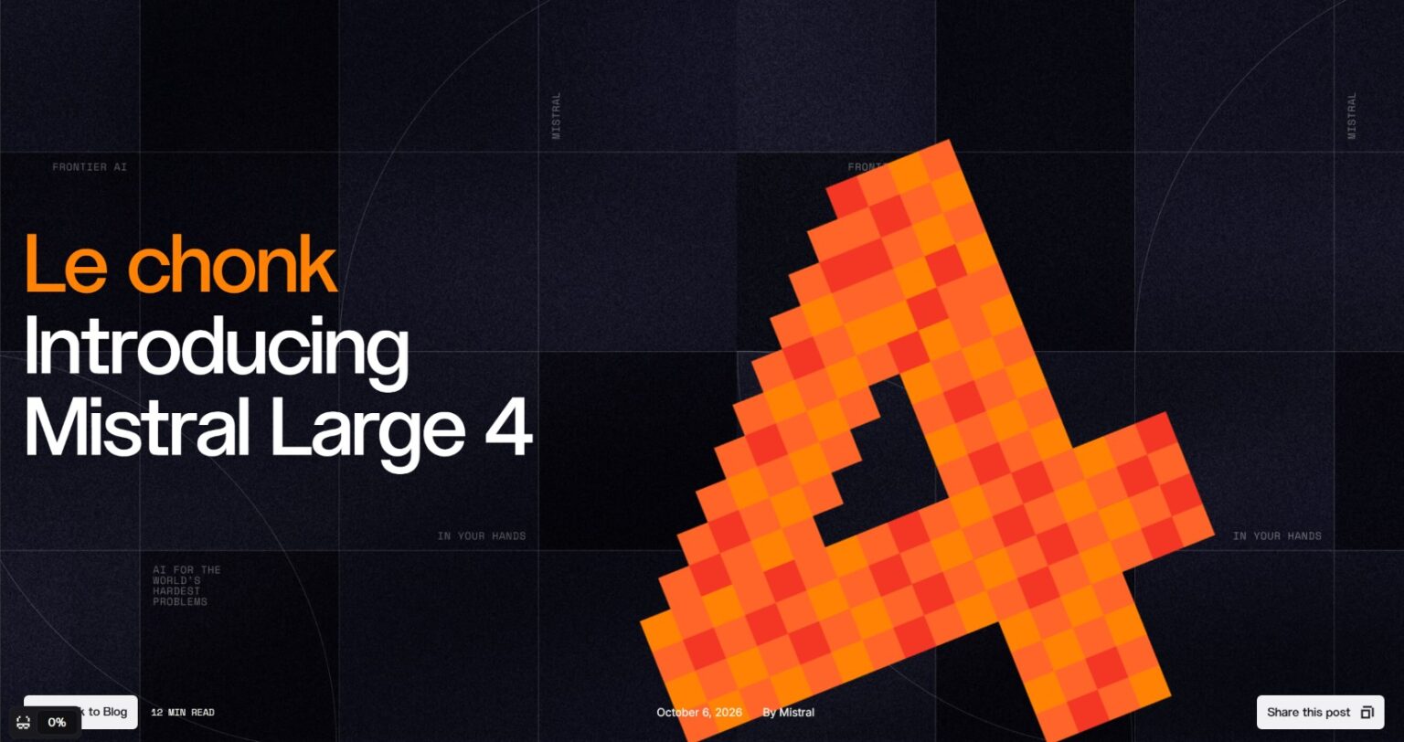 Dark grid backdrop with bold orange and white text announcing 'Le chnk Introducing Mistral Large 4' and a large orange pixelated cross on the right.