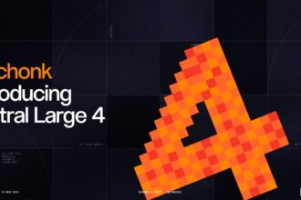 Dark grid backdrop with bold orange and white text announcing 'Le chnk Introducing Mistral Large 4' and a large orange pixelated cross on the right.