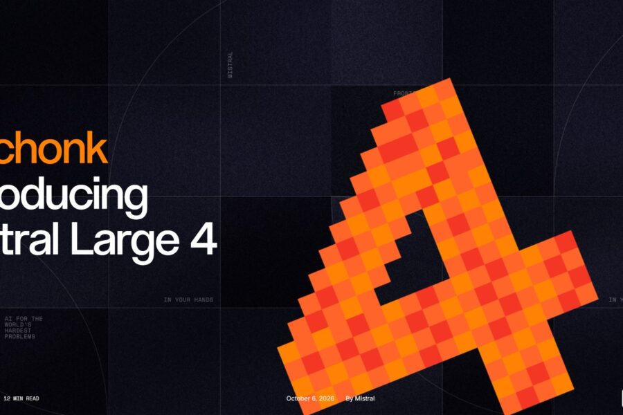 Dark grid backdrop with bold orange and white text announcing 'Le chnk Introducing Mistral Large 4' and a large orange pixelated cross on the right.
