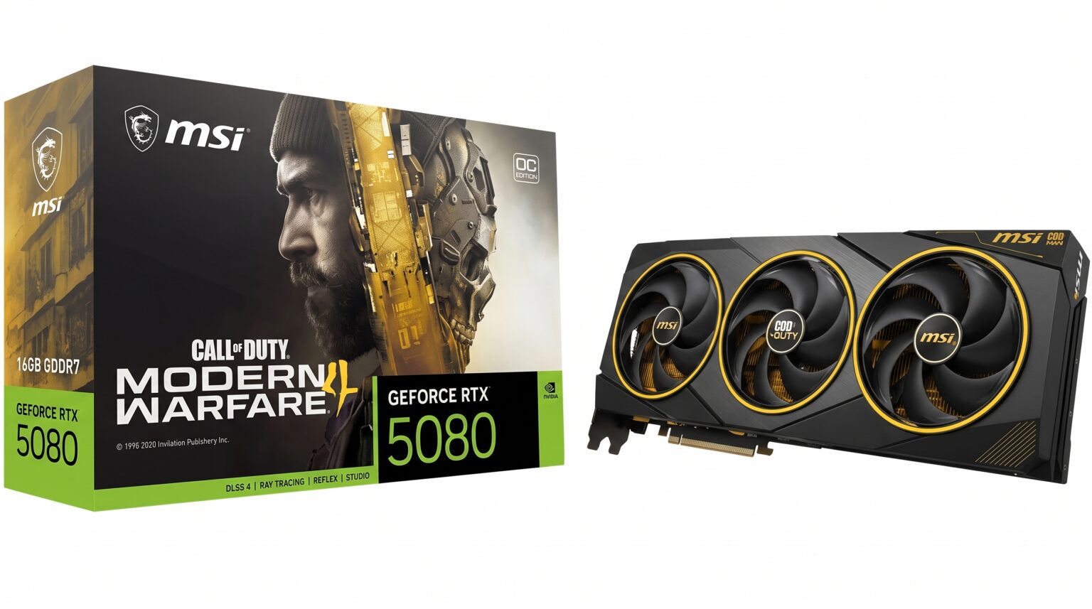 MSI graphics card with three fans beside a Call of Duty: Modern Warfare RTX 5080 box featuring a soldier portrait.