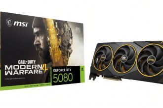 MSI graphics card with three fans beside a Call of Duty: Modern Warfare RTX 5080 box featuring a soldier portrait.