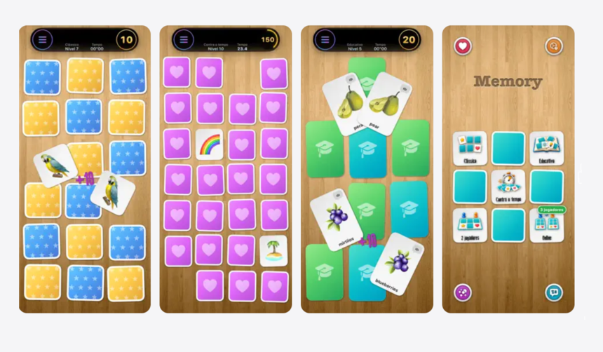 Grid of yellow and blue star cards on a wooden board; two bird cards face up on the grid in a memory game panel 1