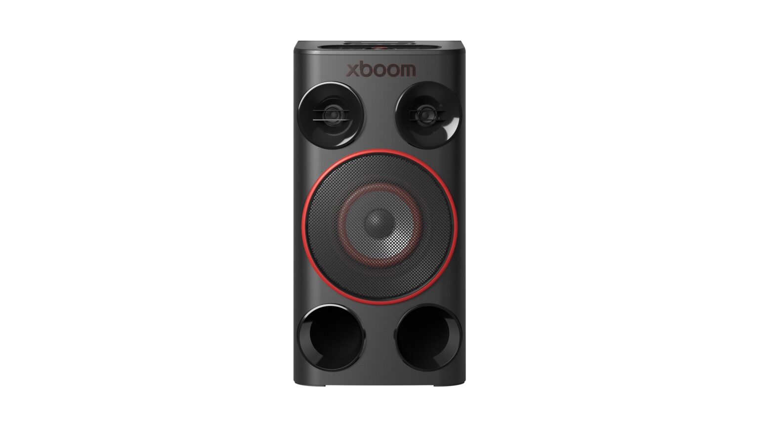 Tall black Xboom speaker with two small drivers at the top and a large red-ringed woofer in the center, shown in portrait orientation.